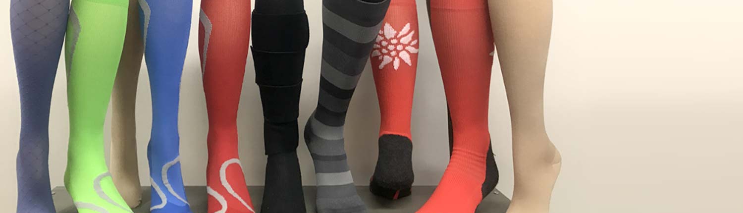 Compression socks on display in the clinic.